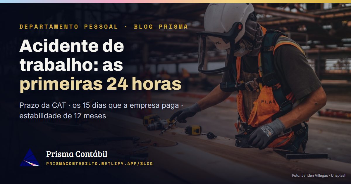 Trabalhador com capacete, protetor facial, luvas e cinto de segurança operando ferramenta em obra — card da matéria sobre acidente de trabalho