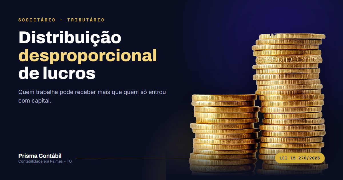 Card da matéria: distribuição desproporcional de lucros — dois sócios, divisão diferente do capital