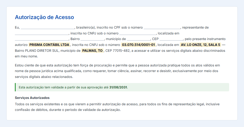 Documento de Autorização de Acesso preenchido com os dados da Prisma Contábil