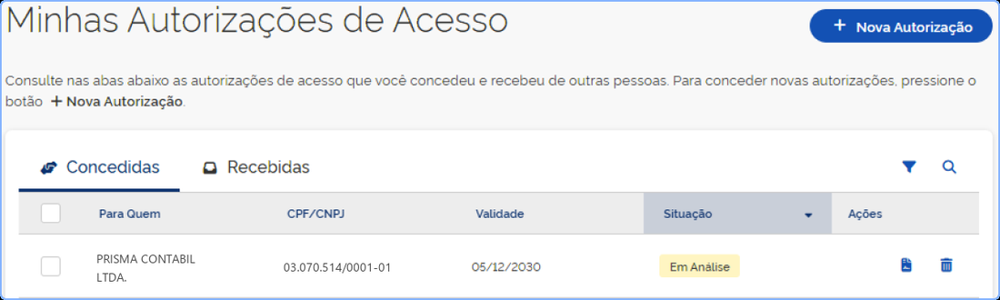 Aba Concedidas mostrando a autorização para a Prisma Contábil com situação Em Análise
