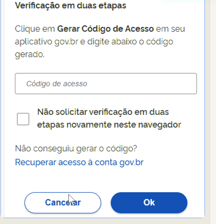 Janela de verificação em duas etapas do gov.br, com campo do código e os botões Cancelar e Ok