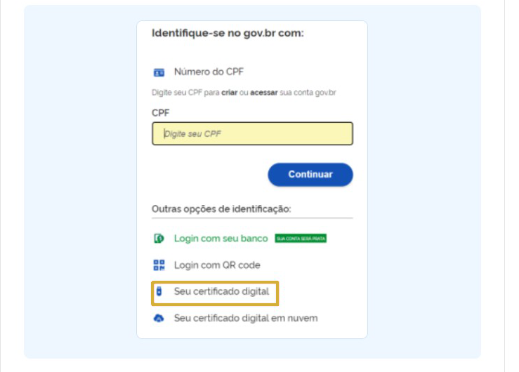 Tela de identificação do gov.br com a opção Seu certificado digital destacada