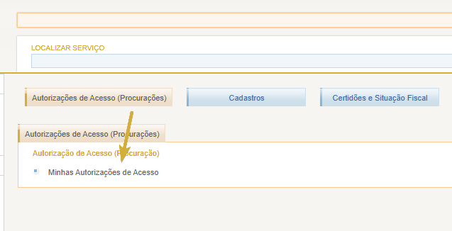 Menu do e-CAC na aba Autorizações de Acesso (Procurações), com a seta apontando para Minhas Autorizações de Acesso