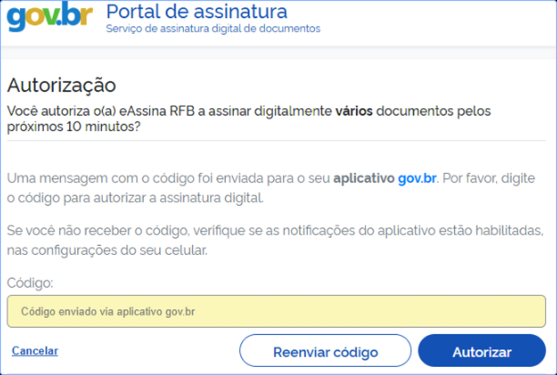 Tela de assinatura da autorização no portal da Receita Federal