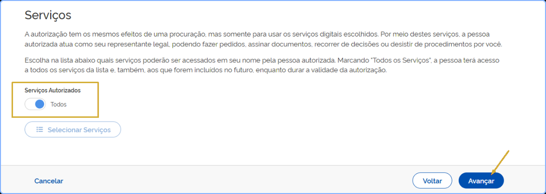 Etapa de seleção de serviços com o botão Todos destacado