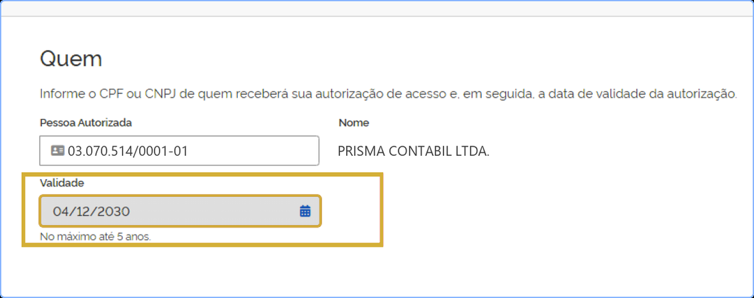 Tela Quem, com o CNPJ da Prisma, o nome ao lado e o campo Validade preenchido