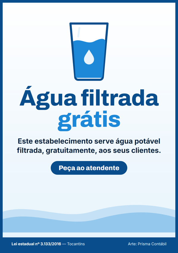 Cartaz: Água filtrada grátis. Este estabelecimento serve água potável filtrada, gratuitamente, aos seus clientes. Peça ao atendente. Lei estadual nº 3.133/2016, Tocantins. Arte: Prisma Contábil.