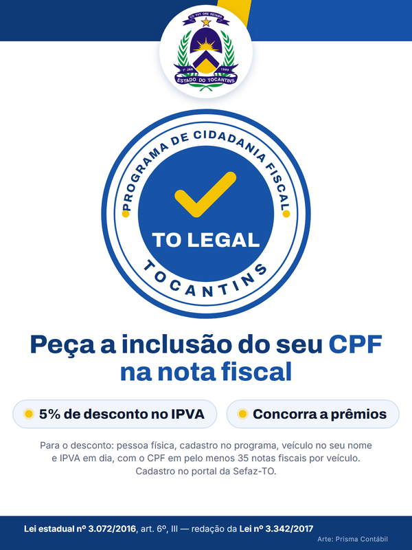 Cartaz com o brasão do Estado do Tocantins e o selo Programa de Cidadania Fiscal TO Legal, Tocantins. Peça a inclusão do seu CPF na nota fiscal. 5% de desconto no IPVA. Concorra a prêmios. Lei estadual nº 3.072/2016, art. 6º, III, redação da Lei nº 3.342/2017. Arte: Prisma Contábil.