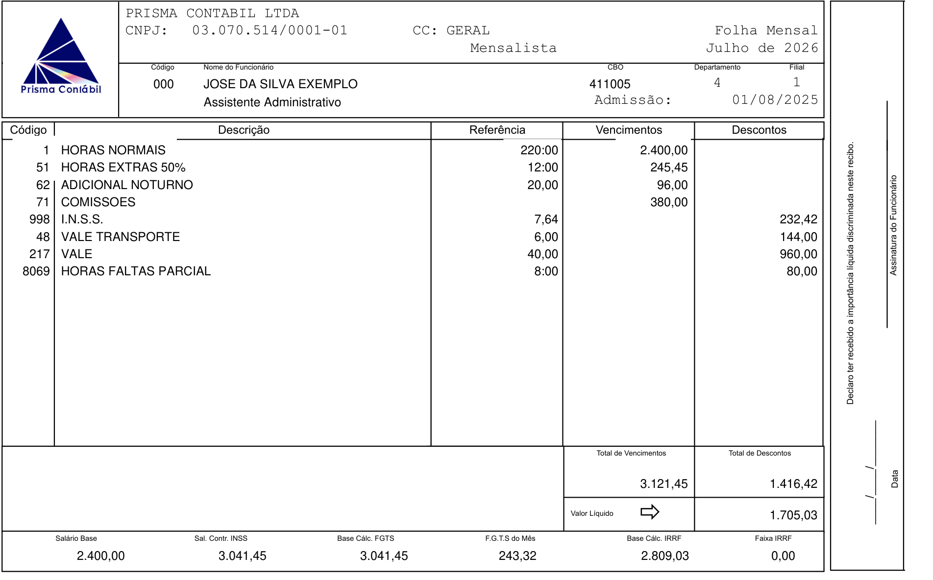 Recibo de pagamento emitido pela Prisma Contábil, com colunas de código, descrição, referência, vencimentos e descontos, o bloco de totais e as bases de cálculo